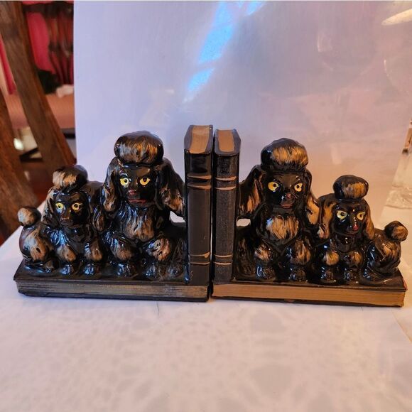 Vintage Mint '60s Black/Gold Gilded Ceramic "Poodle" Bookends Made in Japan - Picture 1 of 6